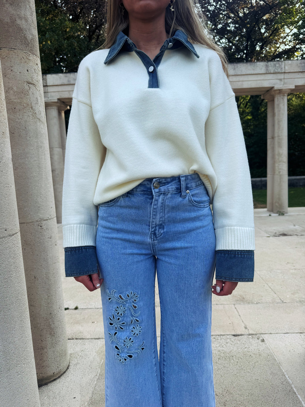 Cream Denim Border Lucia Sweater